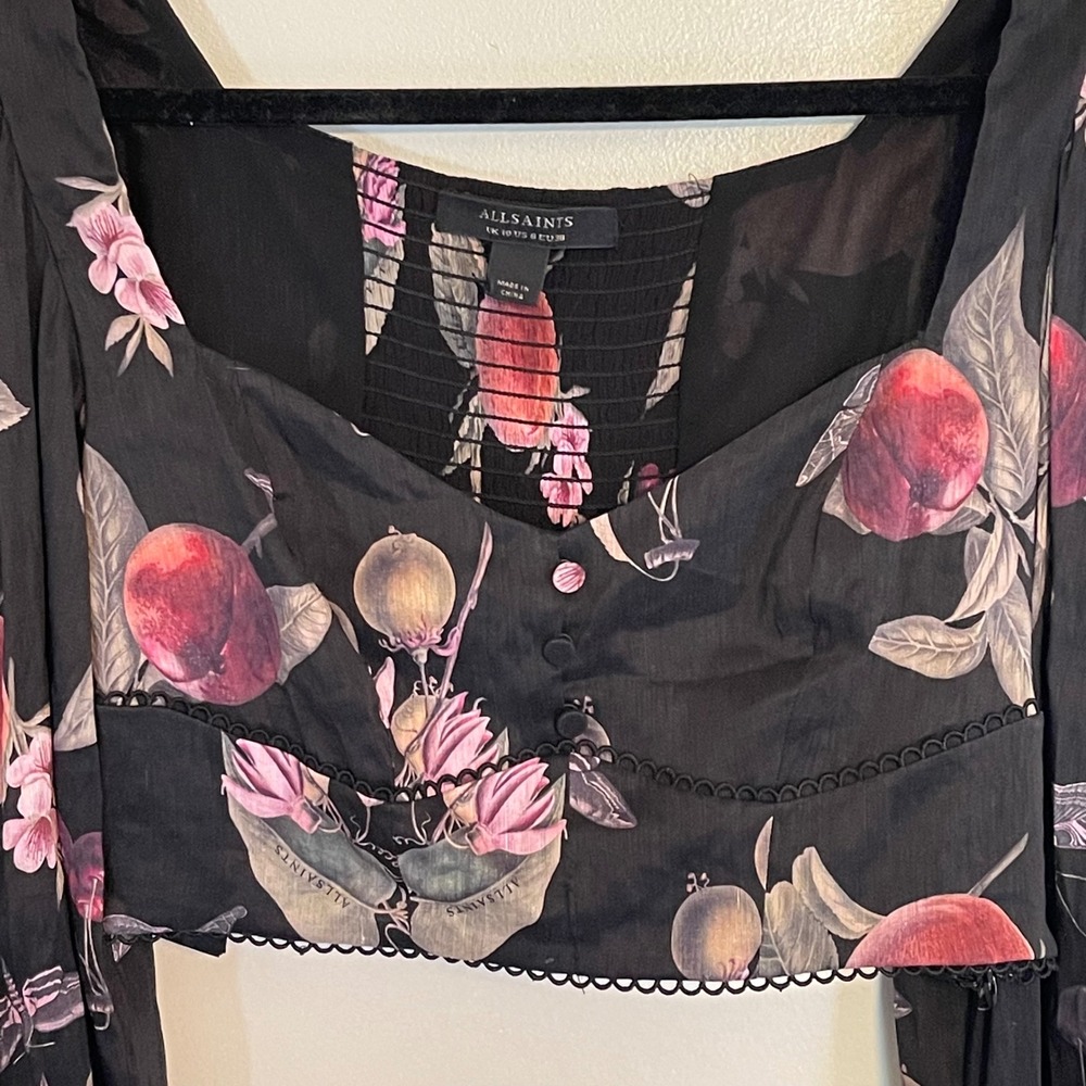AllSaints Ria Soleil Top Black Garden Floral Linen Silk Crop Blouse US 6 UK 10 - Picture 4 of 9